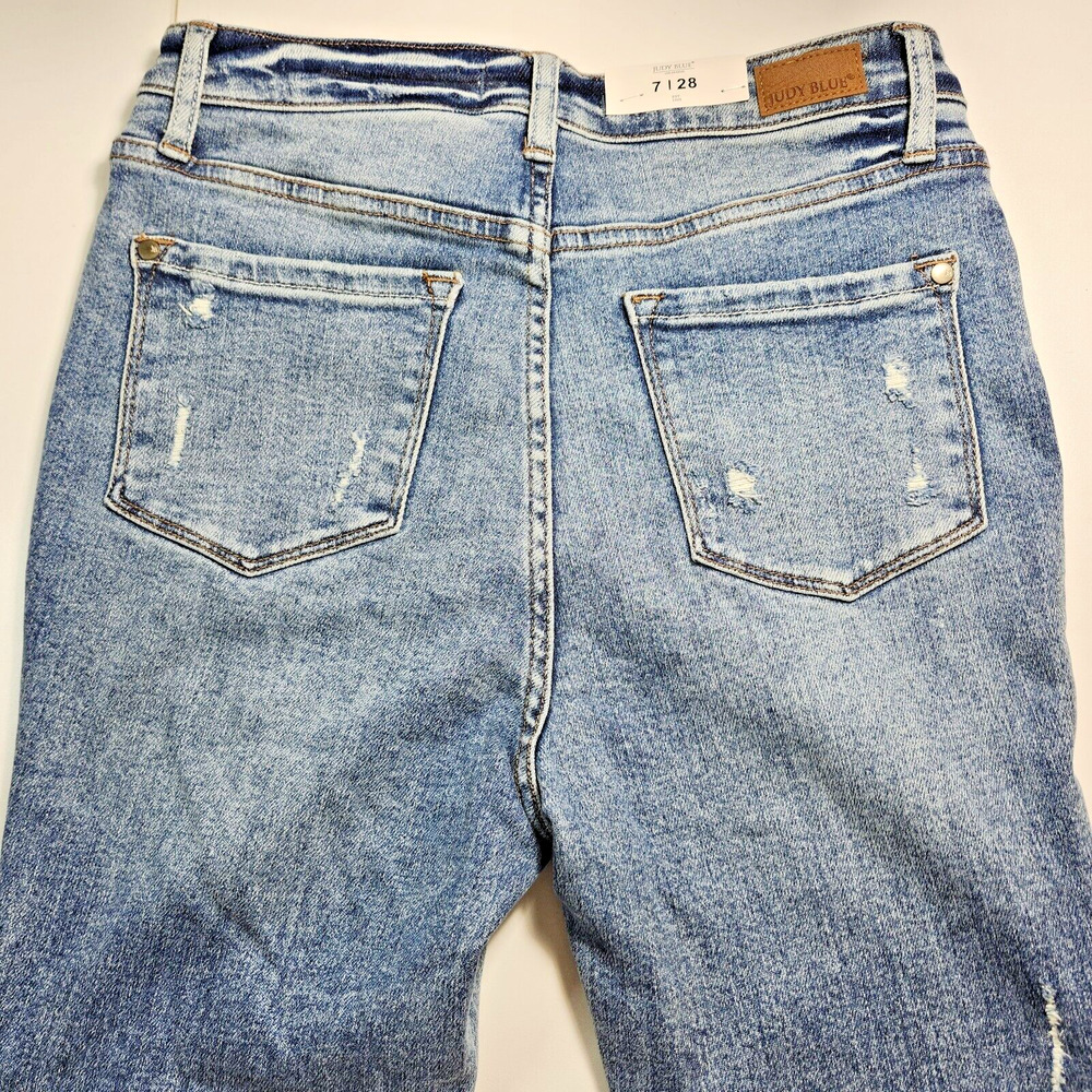 Judy Blue Jeans Womens Sz 7/28 High Waist Flare Fit Distressed Stretch Fray Cuff - Picture 11 of 16
